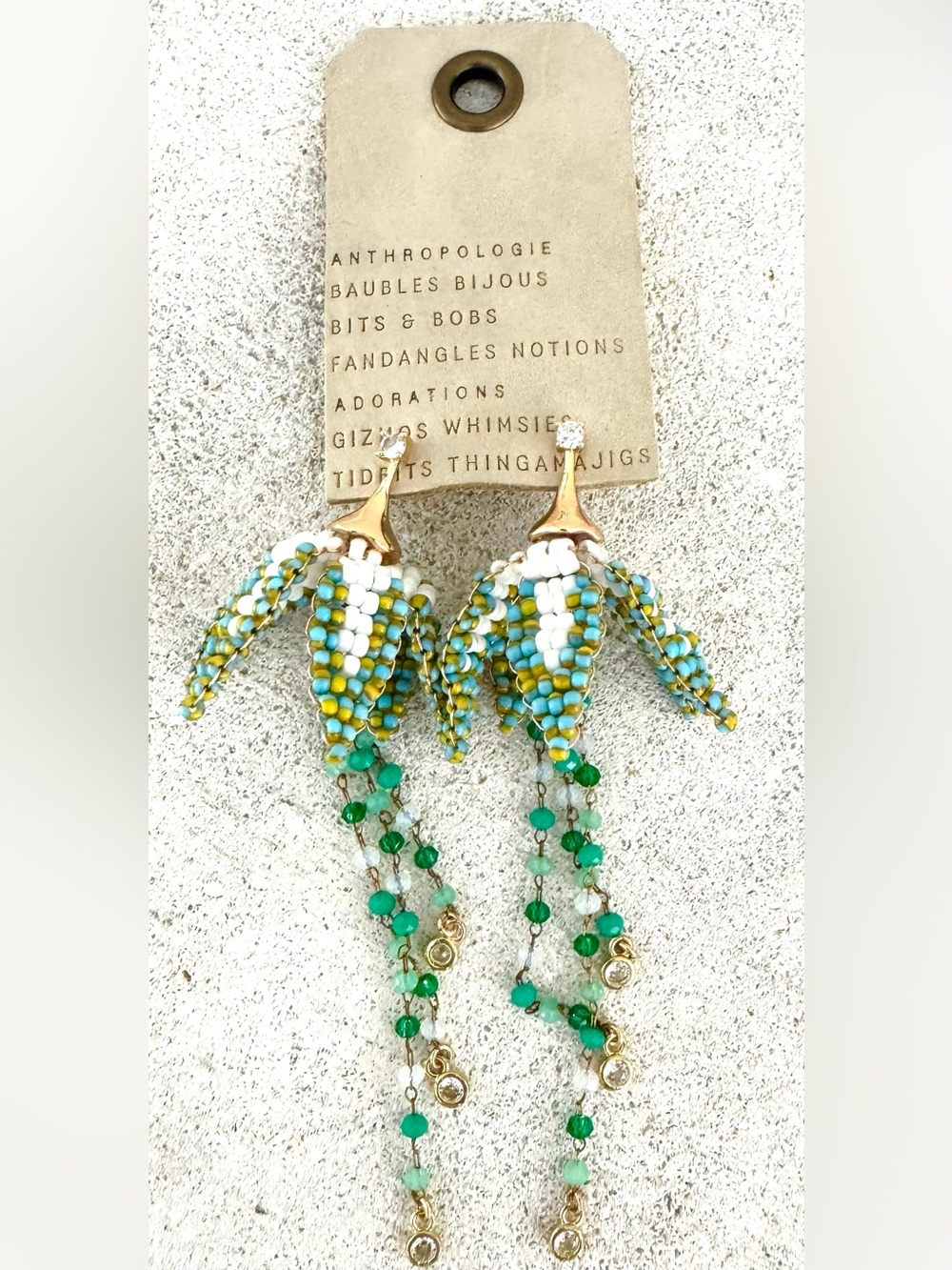 Anthropologie Green, Turquoise & White Beaded Tassel Earrings